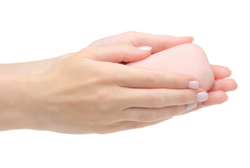 Pink soap in hand hygiene on white background isolation