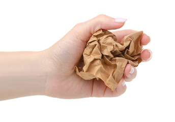 Crumpled brown paper in hand on white background isolation
