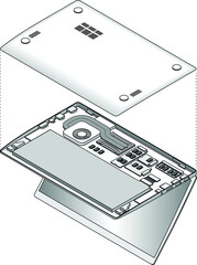 Line-art detailed isometric drawing of a laptop computer with bottom cover removed to show components.