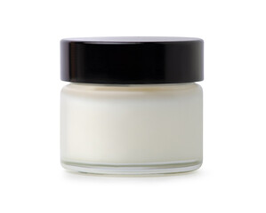 Cosmetic glass jar with coconut oil on white background isolation
