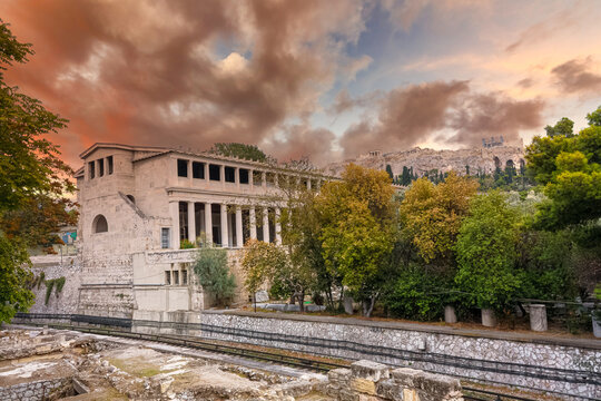 Ancient Agora of Athens in Greece against a cloudy sky