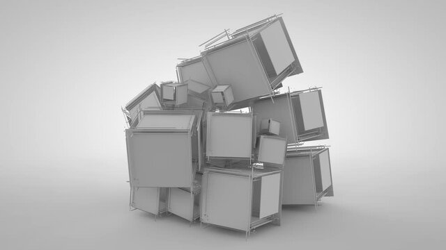 3D animation of many white cubes that break up into fragments and come together. Abstract 4K animation, futuristic design.