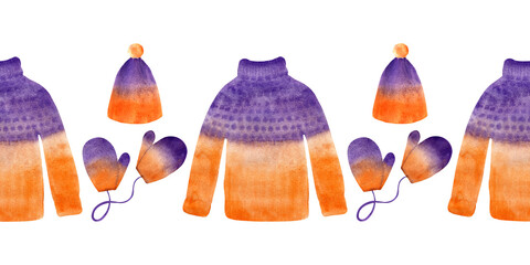 Watercolor seamless border with winter sweaters, hats and mittens. Christmas clothing
