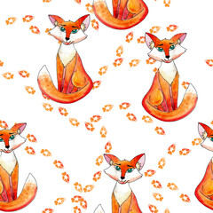 seamless pattern, fox and fox footprints, watercolor drawing