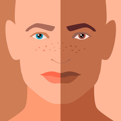 Combined man portrait with symmetric half faces of dark and light skin. Closeup view. Ethnic races concept. Multiracial model. Cute cartoon avatars in natural colors. Stock vector illustration