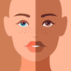 Combined woman portrait with symmetric half faces of dark and light skin. Closeup view. Ethnic races concept. Multiracial model. Cute cartoon avatars in natural colors. Stock vector illustration