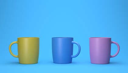 3d render of different color cups on a blue background.