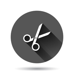 Scissor icon in flat style. Cut equipment vector illustration on black round background with long shadow effect. Cutter circle button business concept.