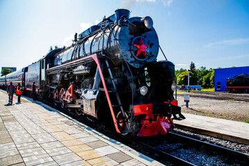 Fototapeta premium Retro train Ruskealsky express in Karelia, Russia