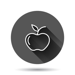 Apple icon in flat style. Fresh fruit vector illustration on black round background with long shadow effect. Juicy food circle button business concept.