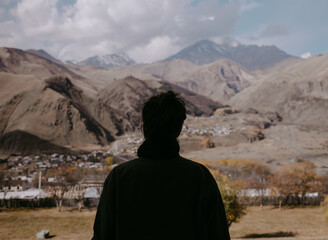 the woman watching on Caucasus mountains
