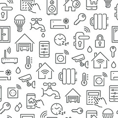 Seamless pattern with smart house. Black and white thin line icons