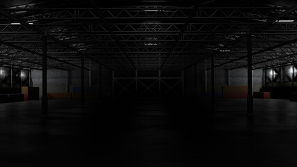 3d rendering of dark empty factory interior or empty warehouse