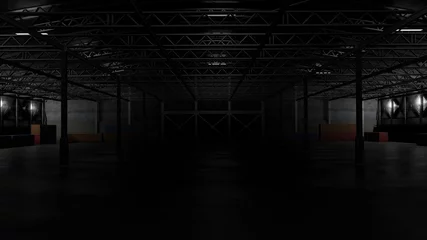  3D-weergave van donker leeg fabrieksinterieur of leeg magazijn © Oleg