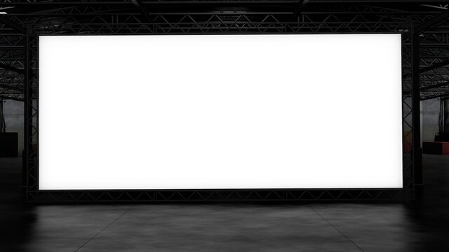 3d rendering of dark empty factory interior background or empty warehouse, a glowing white screen in the middle