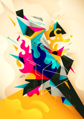 Abstract illustration with chaotic composition, made of various curved and geometric shapes in intense colors. Vector illustration.
