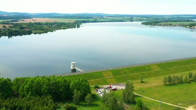 The Jesenice Reservoir on Odrava River is dam in Cheb. Aerial view to important source of sustainable energy in Czech Republic.