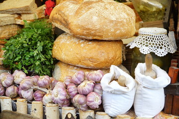 Traditional Polish round bread at a Christmas Market stall in Krakow, Poland. Traditional Polish street food. 