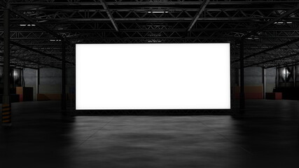 3d rendering of dark empty factory interior background or empty warehouse, a glowing white screen...