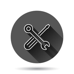 Wrench icon in flat style. Spanner key vector illustration on black round background with long shadow effect. Repair equipment circle button business concept.