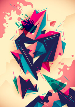 Abstract illustration with composition, made of various geometric objects and splattered shapes in colors. Vector illustration.