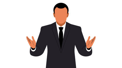 Speaker makes speech. Businessman or politician orator in black suit. Mature confident white man stands behind the podium and gestures. Modern vector illustration on white background.