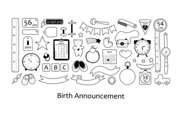 Birth announcement. Vector set with hand drawn elements. 