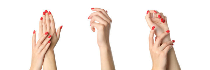 Set of female hands with red nails on white background