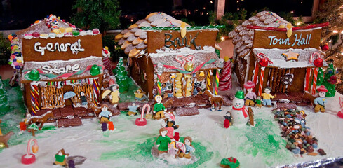 Homemade gingerbread town with a general store, bank and town hall with cookies and candy decorating the entire display.