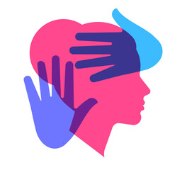 Concept of domestic violence - silhouette of a woman's head and hands in stop gesture. Vector illustration on a white background.