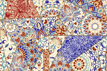 Vector patchwork quilt pattern. Vintage decorative collage. Hand drawn background. Indian, Arabic, Turkish motifs for printing on fabric or paper. Abstract colorful doodle pattern in mosaic style