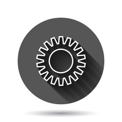 Gear vector icon in flat style. Cog wheel illustration on black round background with long shadow effect. Gearwheel cogwheel circle button business concept.