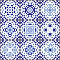 Vintage seamless pattern in Portugal style. Azulejo. Seamless patchwork tile in blue and white colors. Endless pattern can be used for ceramic tile, wallpaper, linoleum, textile, web page background