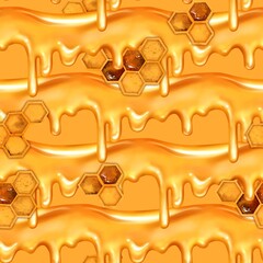 Seamless dripping honey pattern. Sweet background with honeycombs