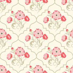 Red floral pattern wallpaper. Backdrop, plants