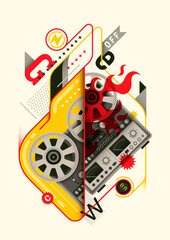 Abstract style poster design, with retro reel to reel tape recorder and various objects in color. Vector illustration.