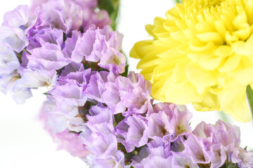 Beautiful Purple Pink Statice Flower and Yellow Marigold Flower close up macro photo