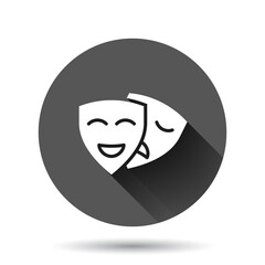 Theater mask icon in flat style. Comedy and tragedy vector illustration on black round background with long shadow effect. Smile face circle button business concept.