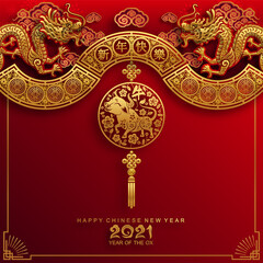 Chinese new year 2021 year of the ox , red paper cut ox character,flower and asian elements with craft style on background.(Chinese translation : Happy chinese new year 2021, year of ox)