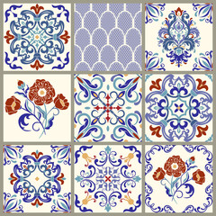 Collection of 9 ceramic tiles in turkish style. Seamless colorful patchwork. Endless pattern can be used for ceramic tile, wallpaper, linoleum, textile, web page background. Vector