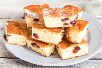 Healthy quark cake with raisins served on a plate
