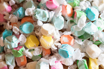 Assorted colors and flavors of delicious salt water taffy.