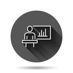 People on podium icon in flat style. Speaker vector illustration on black round background with long shadow effect. Audience orator circle button business concept.