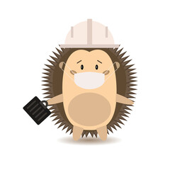 Cartoon Hedgehog construction engineer in a white hard hat and protective mask with a briefcase in his hands. Work in quarantine. New normal. Vector illustration isolated on a white background