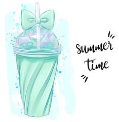 Bright beautiful glass with a refreshing drink, a tube and a bow on the lid on a white background. Summer illustration that is drawn by hand. Lettering "Summer time"