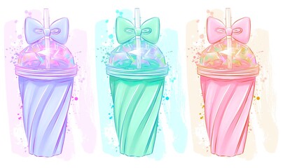 Bright beautiful glass with a refreshing drink, a tube and a bow on the lid on a white background. Summer illustration that is drawn by hand. Different color options for drinks.