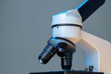 Scientific microscope lenses close up. Laboratory equipment