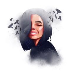 A brunette who dreams of something pleasant. Fantasy and magic illustration.