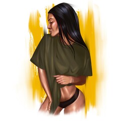 Sexy tanned brunette. Illustration of a young girl.