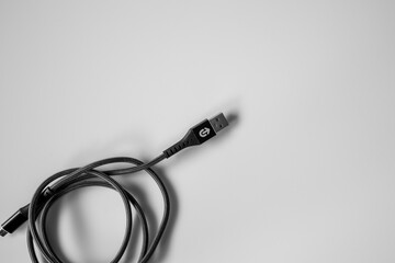 Smart phone charger cable on white background.